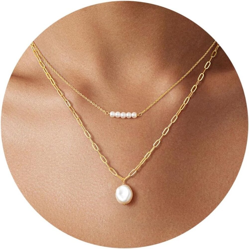 Elegant 14K-Gold-Plated Pearl Necklace for Women - Dainty Layered Style
